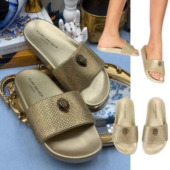 🆕 KURT GEIGER LONDON 🧿 NWOB Meena Eagle Gold Crystal Studded Slide, Sz US 8 - Picture 1 of 13
